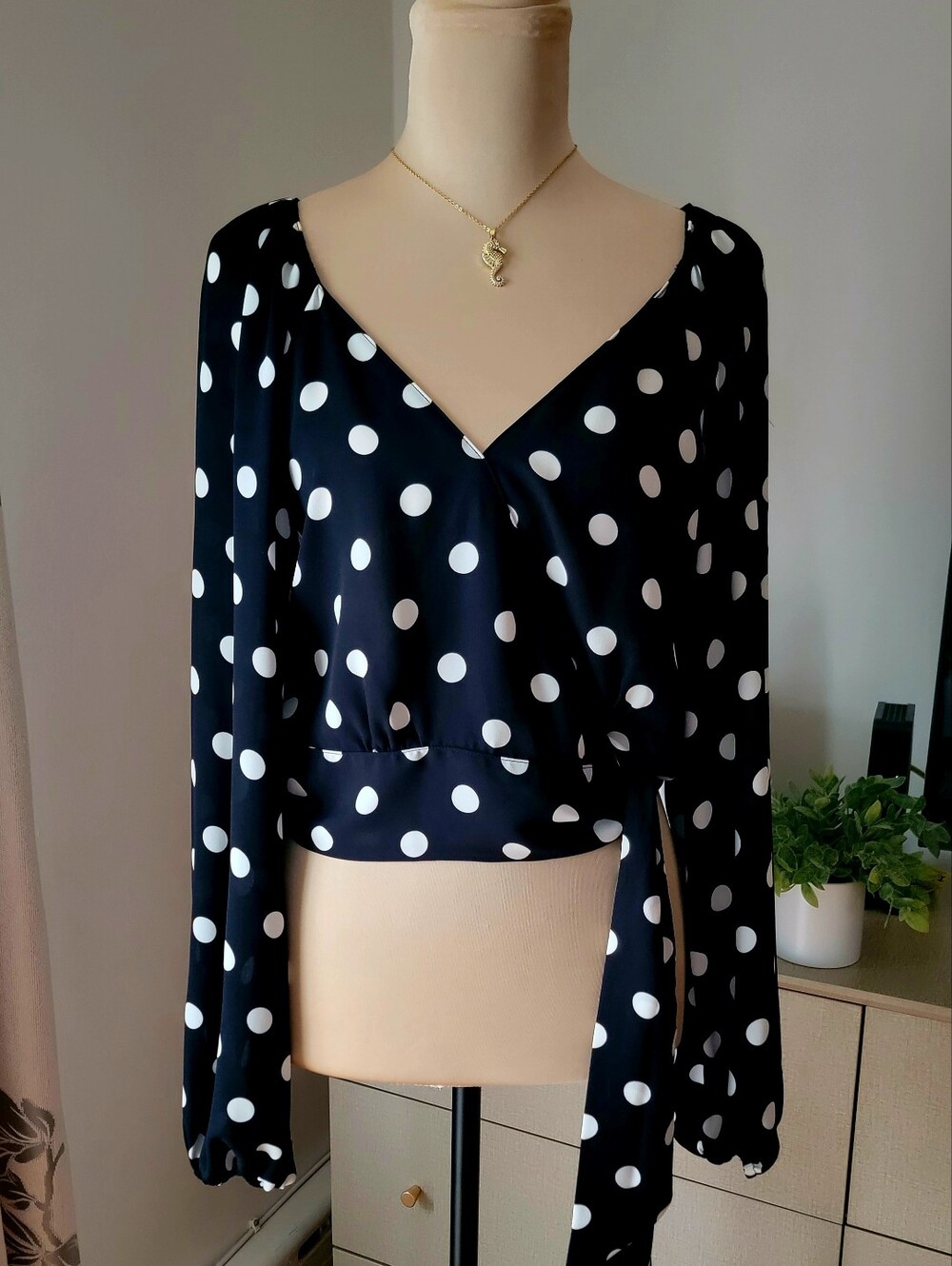 VICTORIA'S SECRET Black White Polka Dot Sheer Cropped Wrap Blouse - Size M